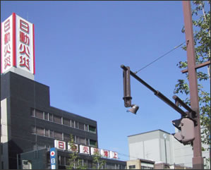Pedhead with APS 
              speaker is mounted on a mast arm overhanging the crosswalk below.